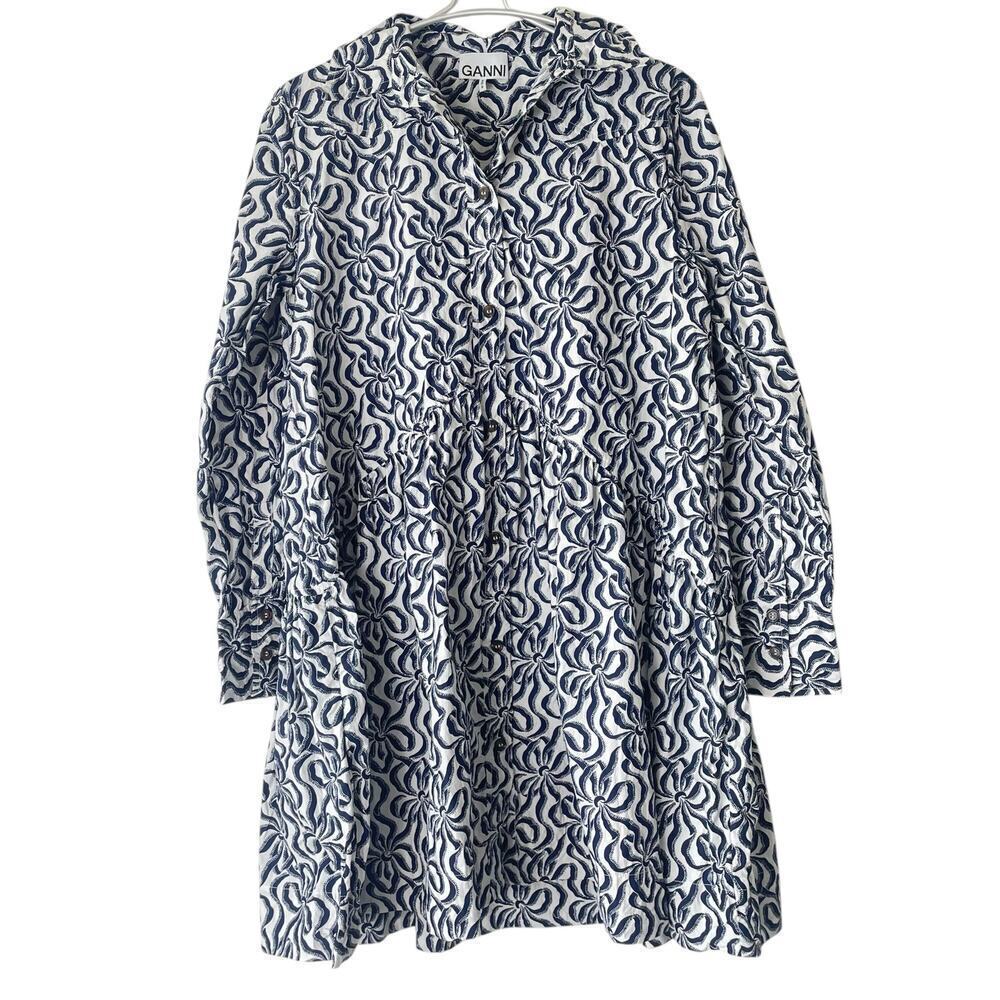 GANNI Printed Cotton Mini Shirt Dress Navy Blue SIZE 38 - Picture 2 of 8